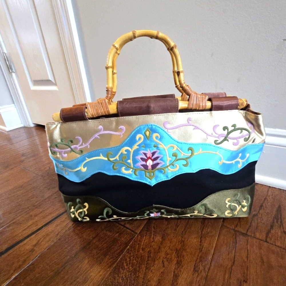 PRESTON & York Embroidered Satin Fabric Handbag Tote With Bamboo Handles NEW!